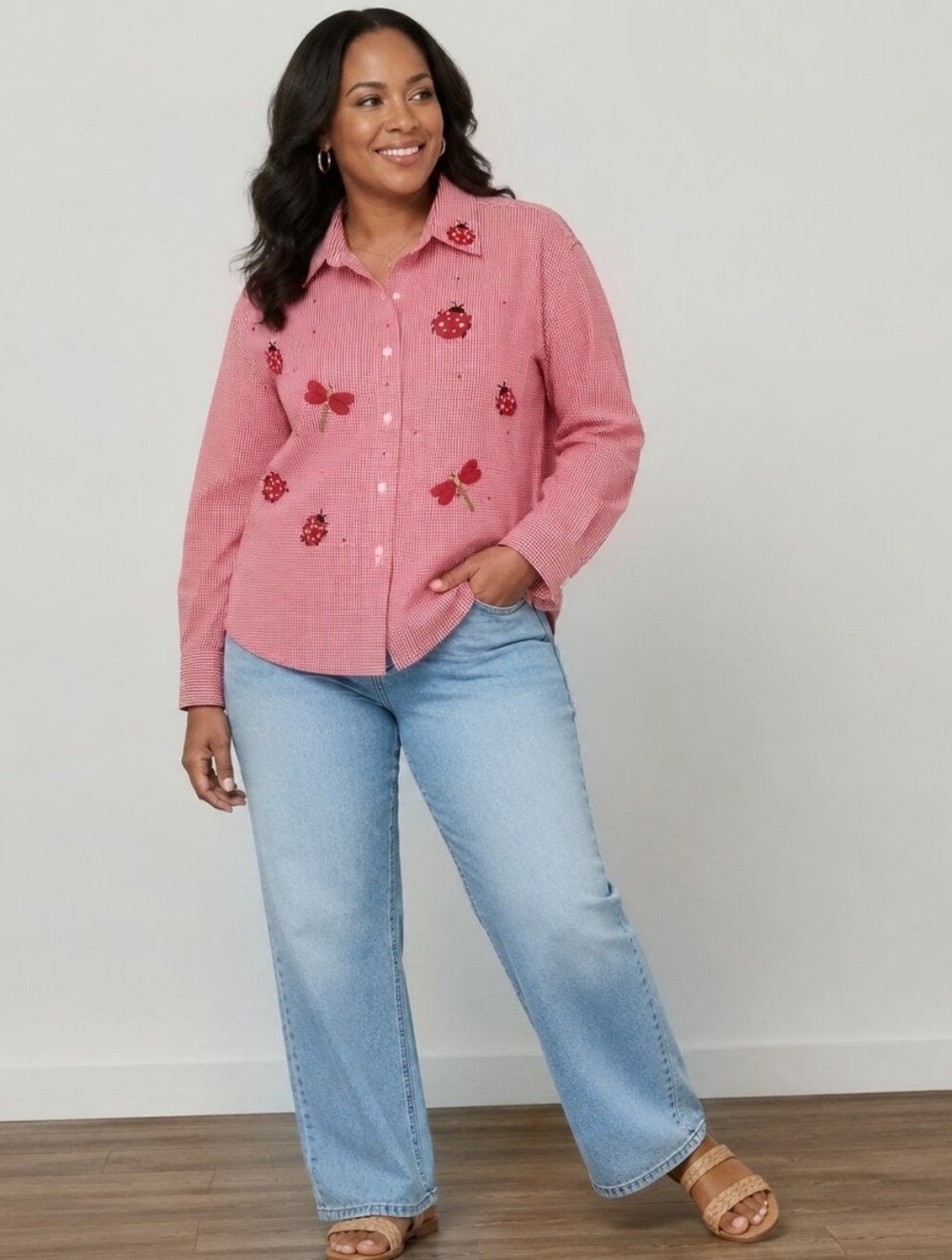 Women's Gingham Ladybugs Dragonflies Embroidered Button Down Vintage Shirt MP